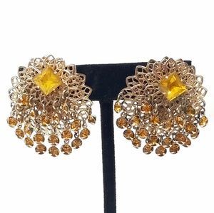 Vtg gold tone filigree Citrine rhinestone clip on